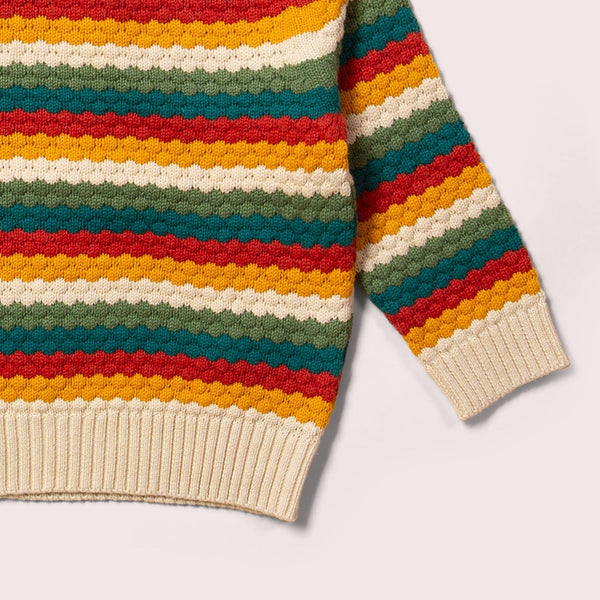 Little Green Radicals organic Knit sweater- honeycomb rainbow striped, closeup