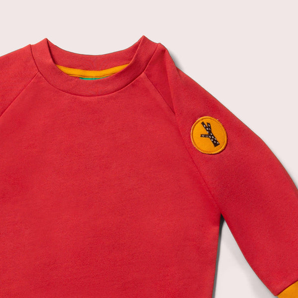 Little Green Radicals organic Raglan sweatshirt- soft red, closeup