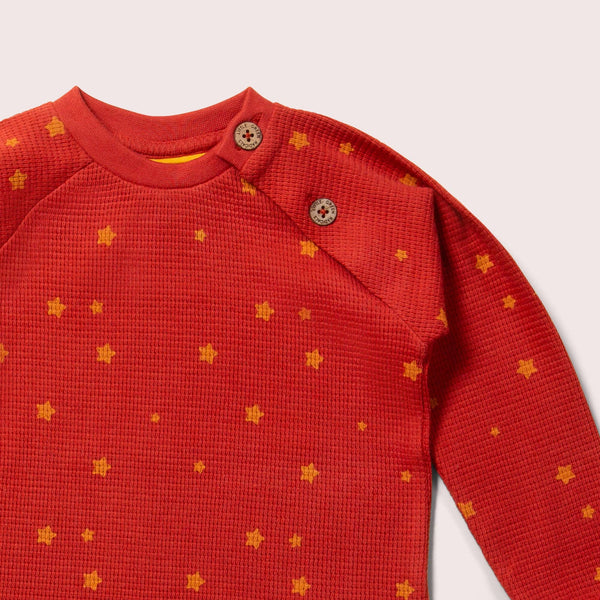 Little Green Radicals organic Waffle long sleeved button top- hazelnut stars, closeup