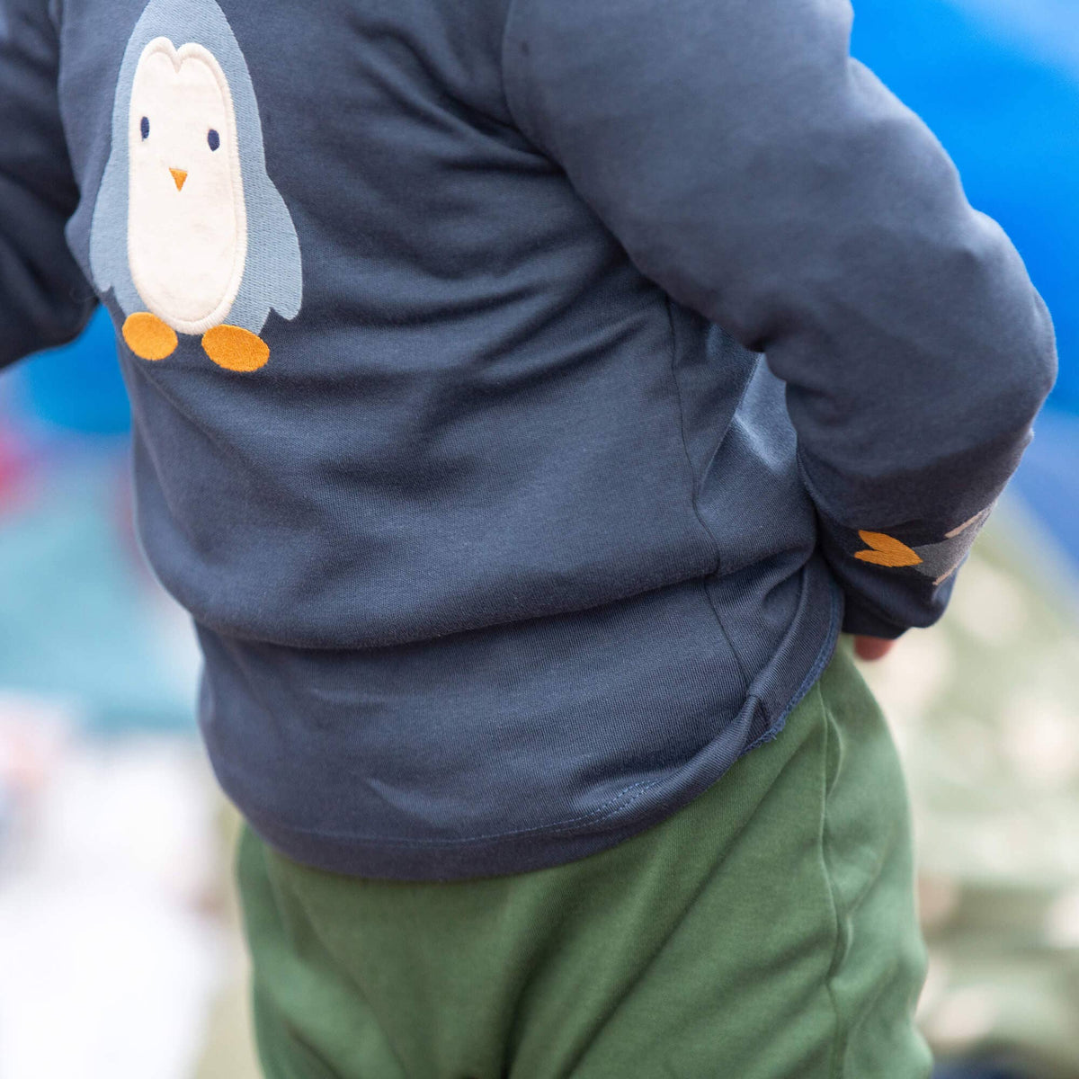 Little Green Radicals Organic Cotton Long Sleeve T-Shirt - Blue Penguins Appliqué