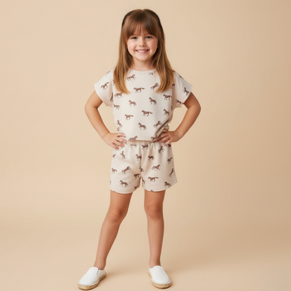 Organic Cotton Drop Shoulder Tee & Shorts Set - Horses