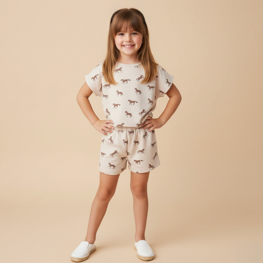 Organic Cotton Drop Shoulder Tee & Shorts Set - Horses