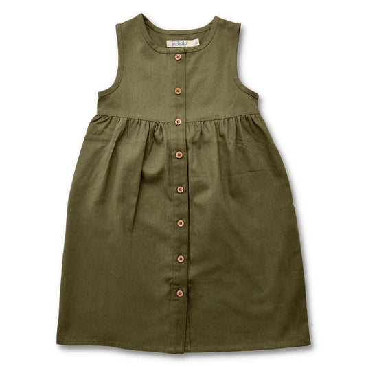 Organic Cotton Twill Kids Dress with Pockets - Dark Olive | Jackalo