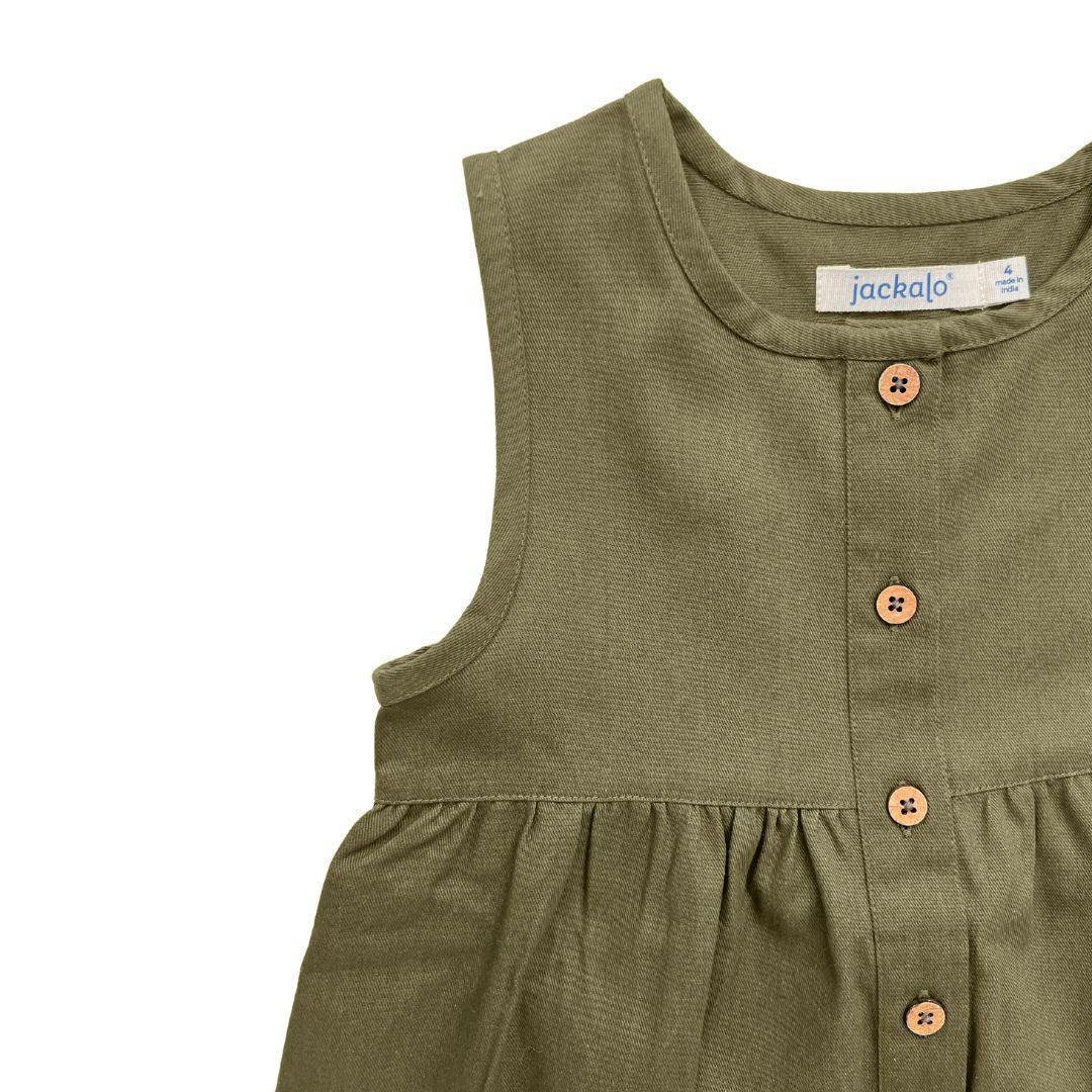 Organic Cotton Twill Kids Dress with Pockets - Dark Olive | Jackalo