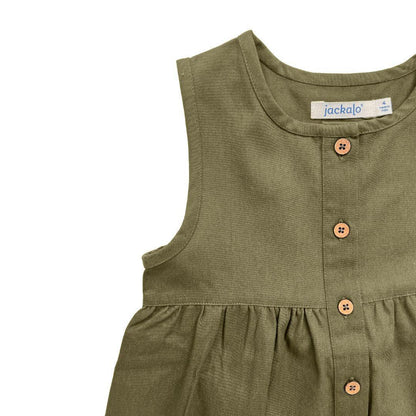Organic Cotton Twill Kids Dress with Pockets - Dark Olive | Jackalo