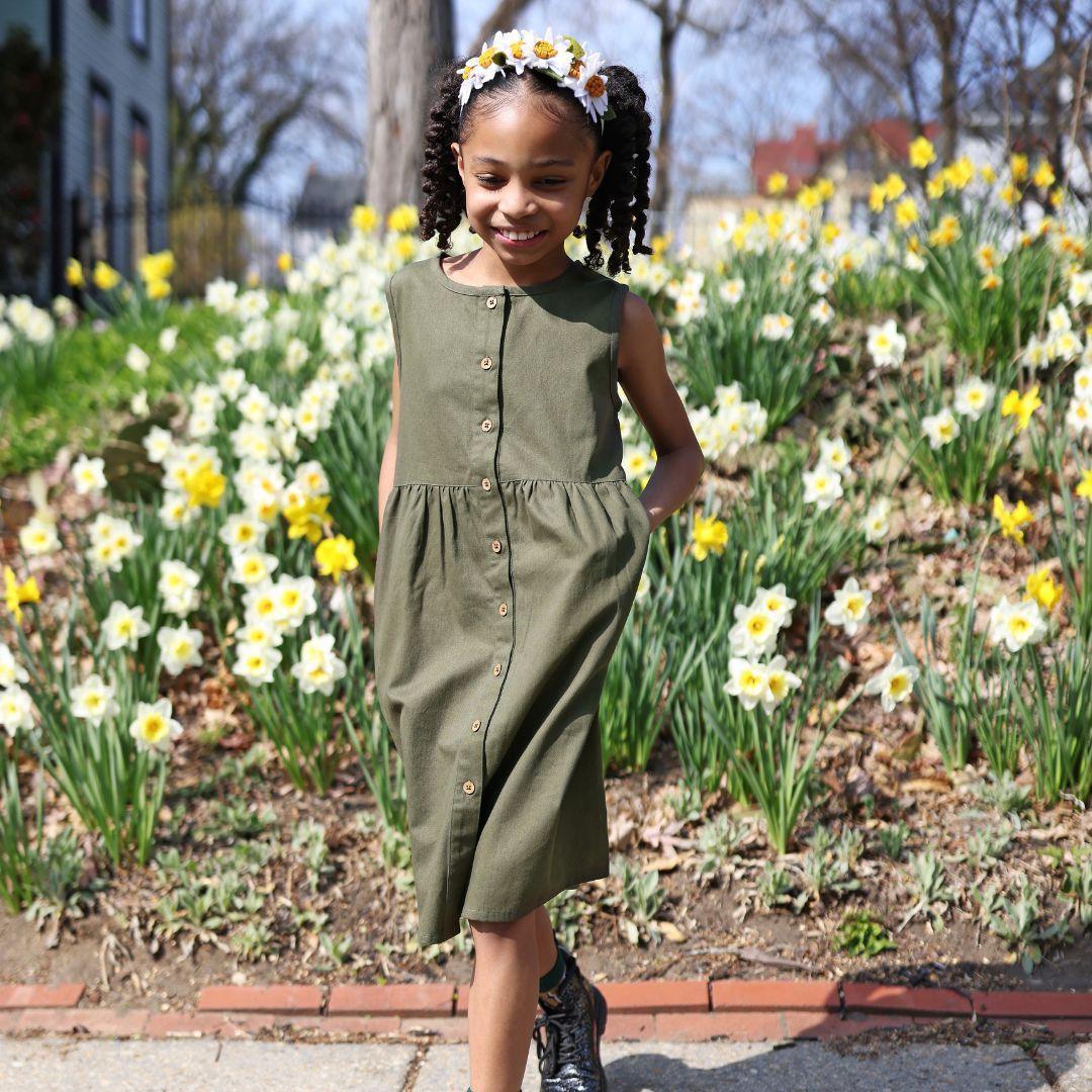 Organic Cotton Twill Kids Dress with Pockets - Dark Olive | Jackalo