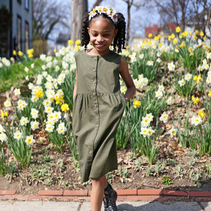 Organic Cotton Twill Kids Dress with Pockets - Dark Olive | Jackalo