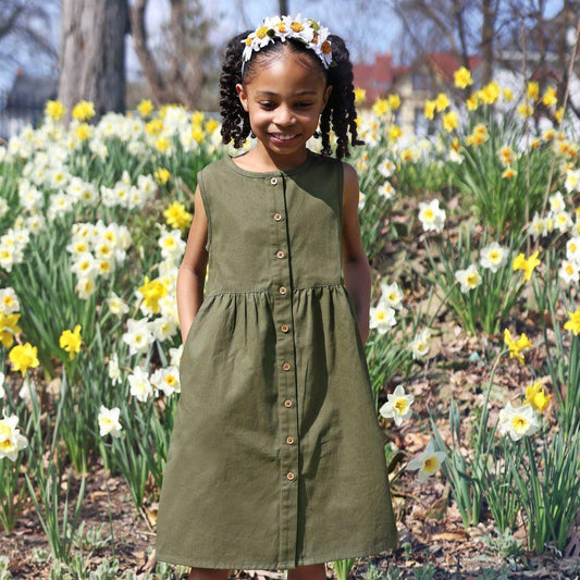 Organic Cotton Twill Kids Dress with Pockets - Dark Olive | Jackalo