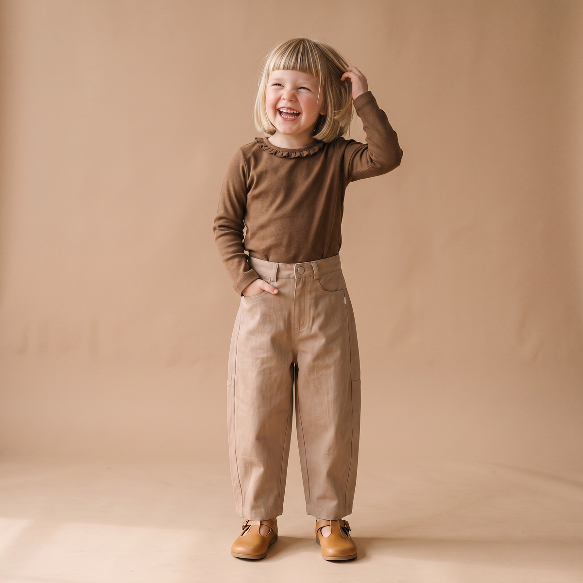 Organic Cotton Ruffle Neck Top - Brown