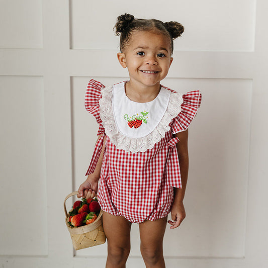 Cotton Gingham Strawberry Bubble Romper