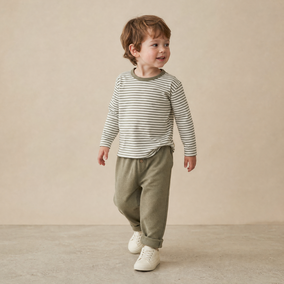 Organic Cotton Tee & Cuffed Pants Set - Olive Stripes