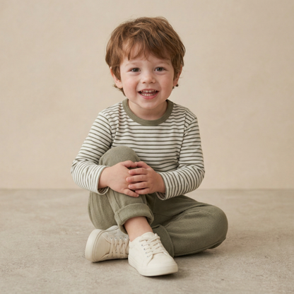 Organic Cotton Tee & Cuffed Pants Set - Olive Stripes