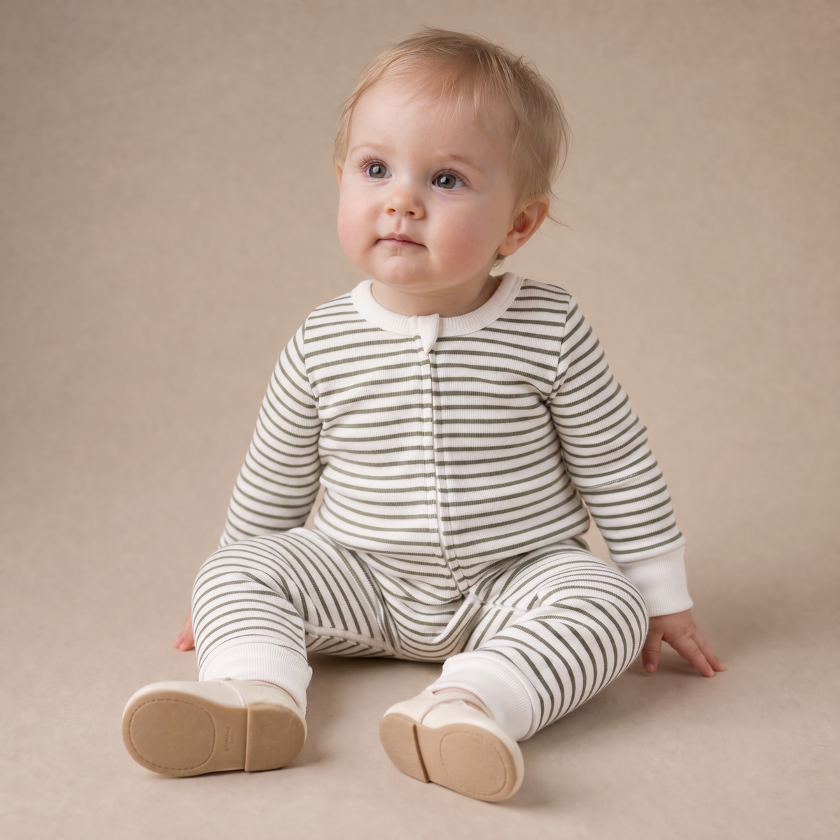 Organic Cotton 2-Way Zip Romper - Olive Stripes