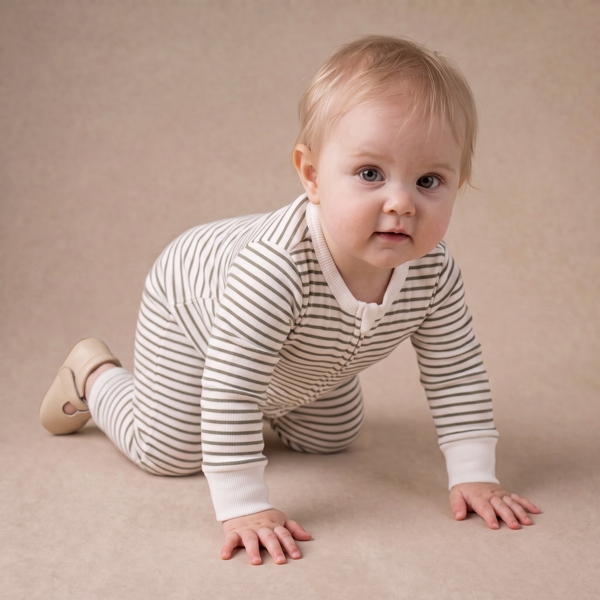 Organic Cotton 2-Way Zip Romper - Olive Stripes