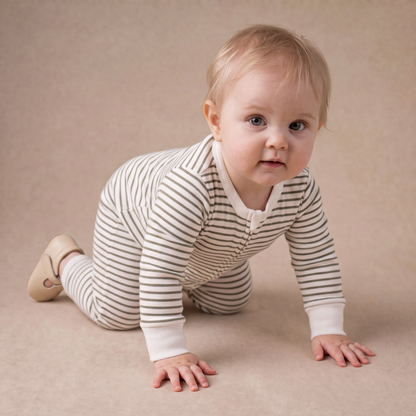 Organic Cotton 2-Way Zip Romper - Olive Stripes