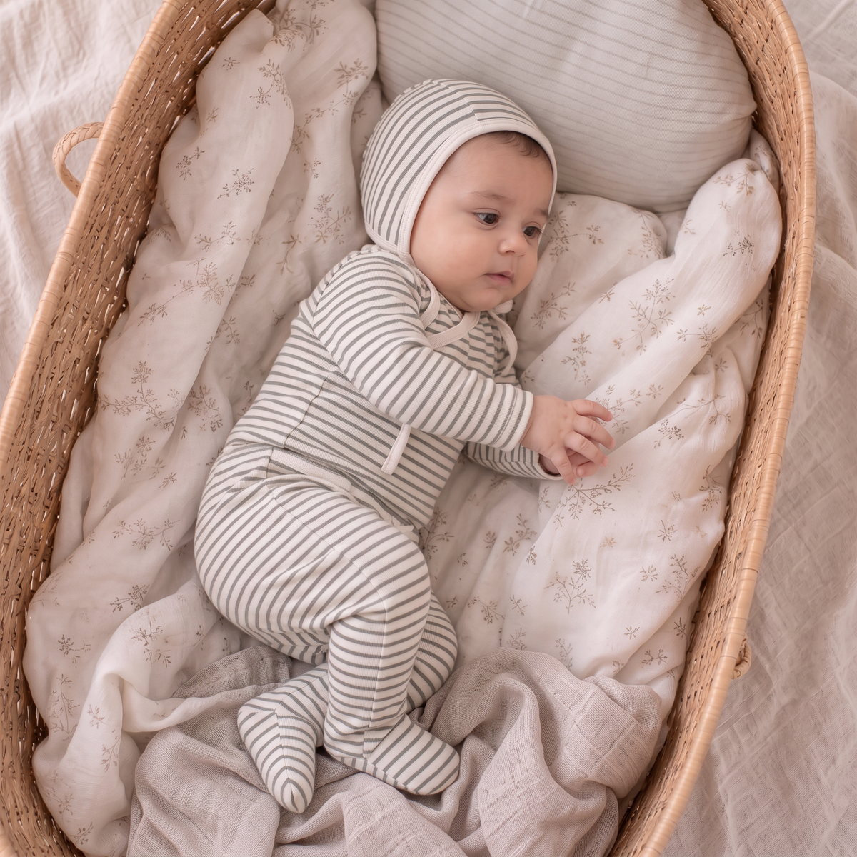 Organic Cotton Kimono Top & Footed Pants Set - Olive Stripes