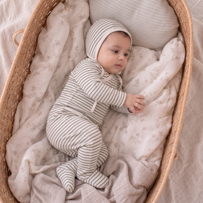 Organic Cotton Kimono Top & Footed Pants Set - Olive Stripes
