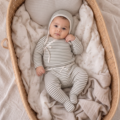 Organic Cotton Kimono Top & Footed Pants Set - Olive Stripes