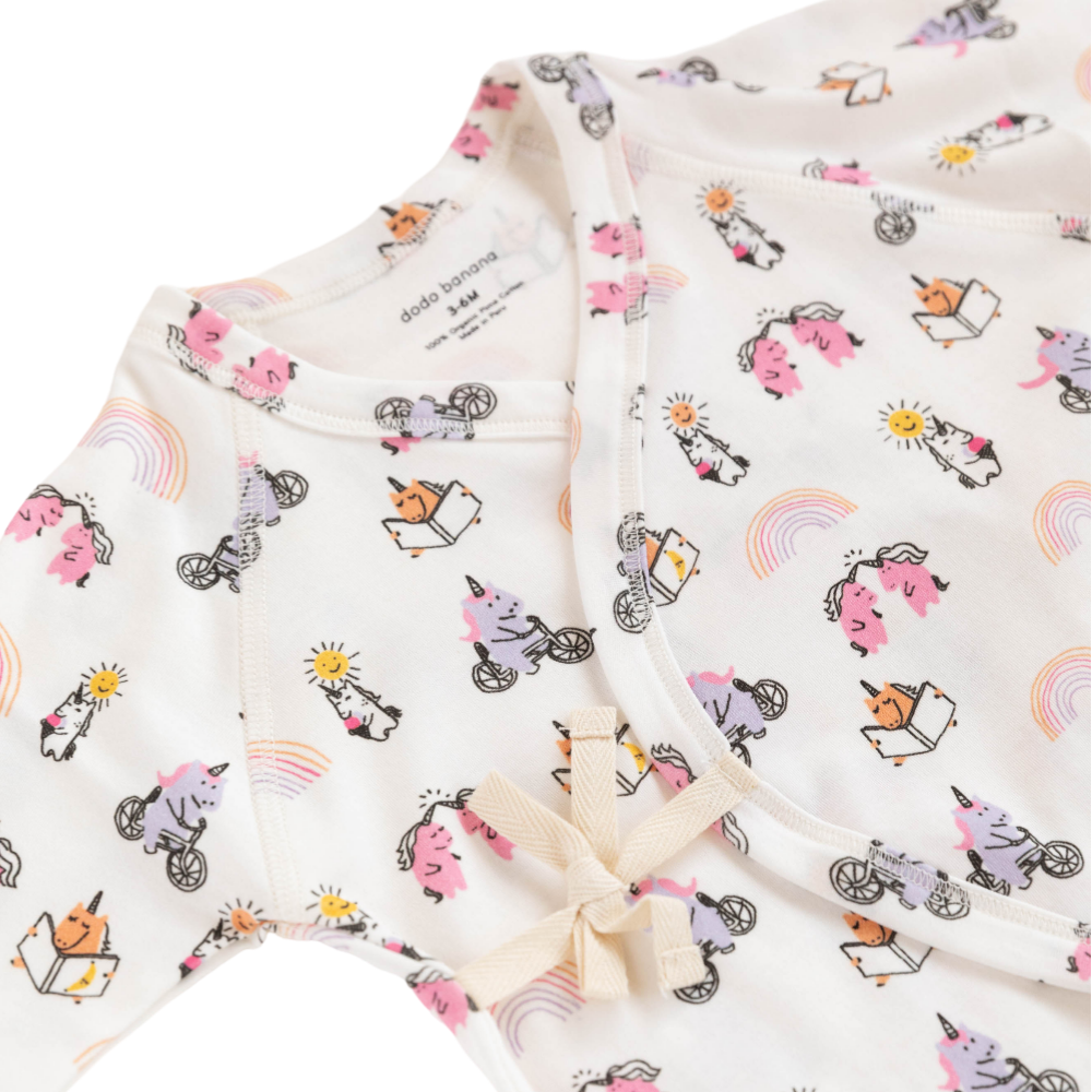 Baby outfit with unicorn and rainbow pattern on a white background