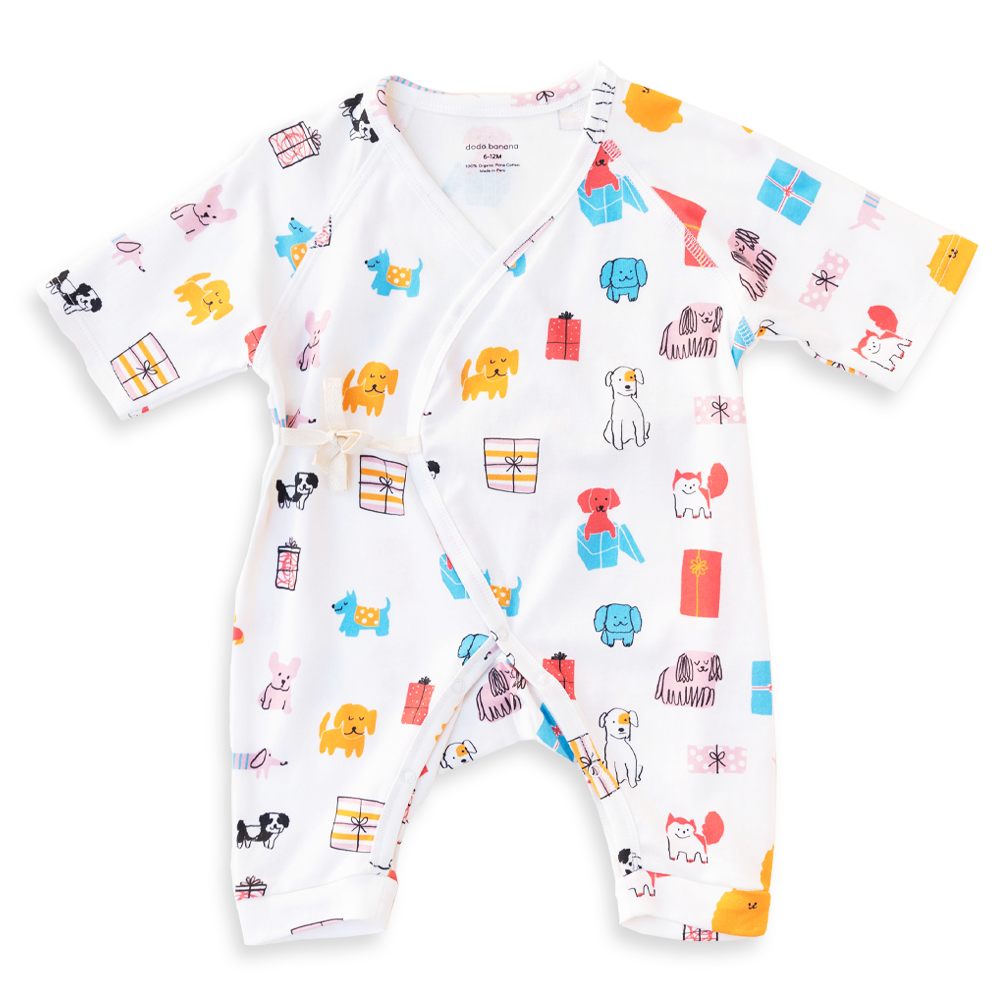 Puppy Party Baby Kimono Onesie - Organic Pima Cotton | Dodo Banana