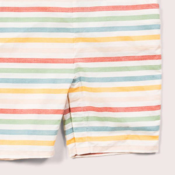 Little Green Radicals organic Rainbow Striped Overall Shorts, closeup