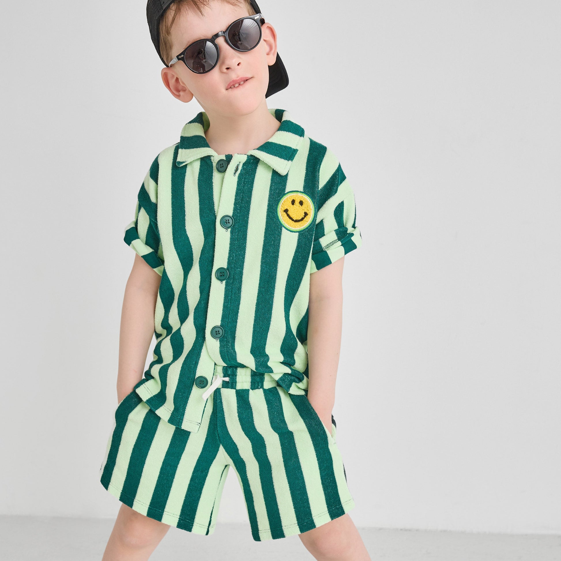 Organic Cotton Terry Shorts - Green Stripe