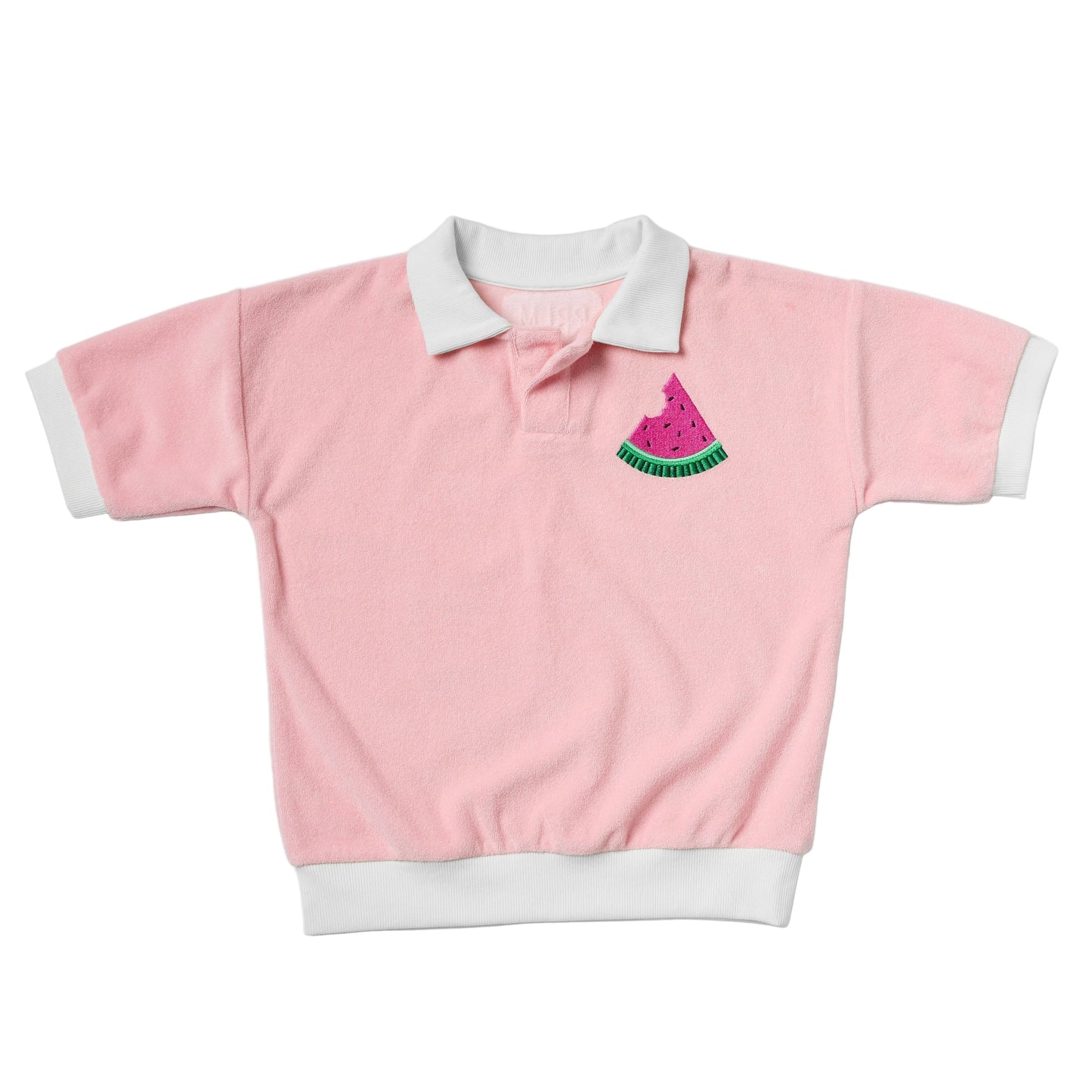 Pink polo shirt with watermelon design on a light gray background