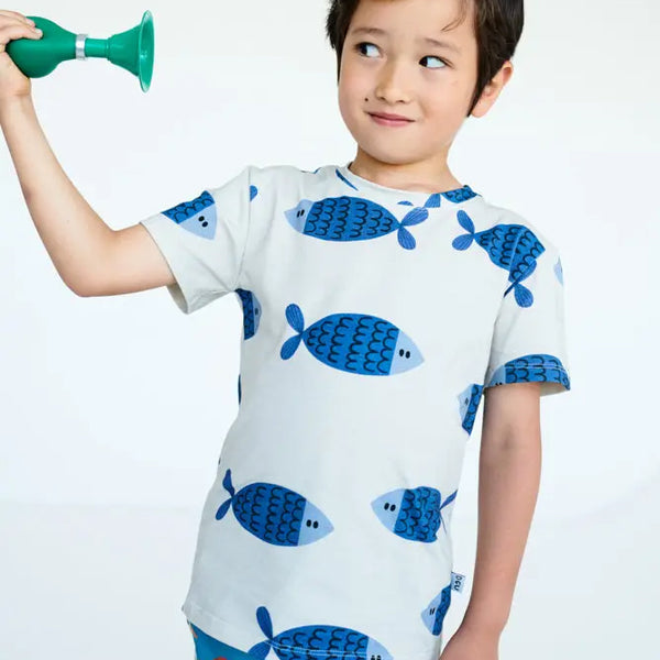 Boy wearing Don't Grow Up organic Short sleeve t-shirt- fish