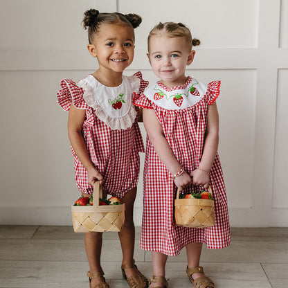 Cotton Gingham Strawberry Bubble Romper