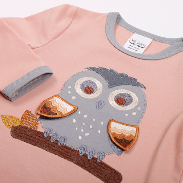 Fred's World hello owl top, baby closeup