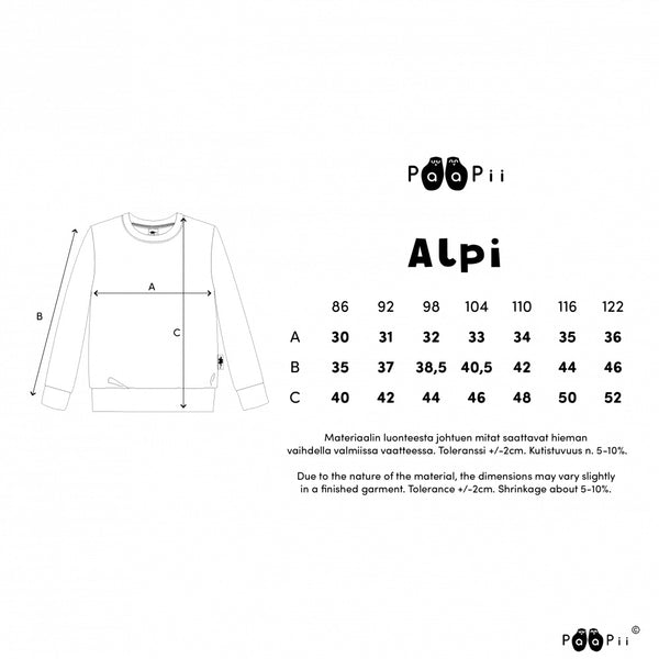 PaaPii Alpi sweatshirt size chart