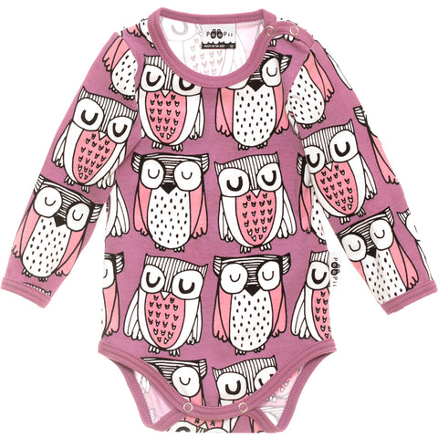 PaaPii long sleeve bodysuit- lilac & light pink parliament owl