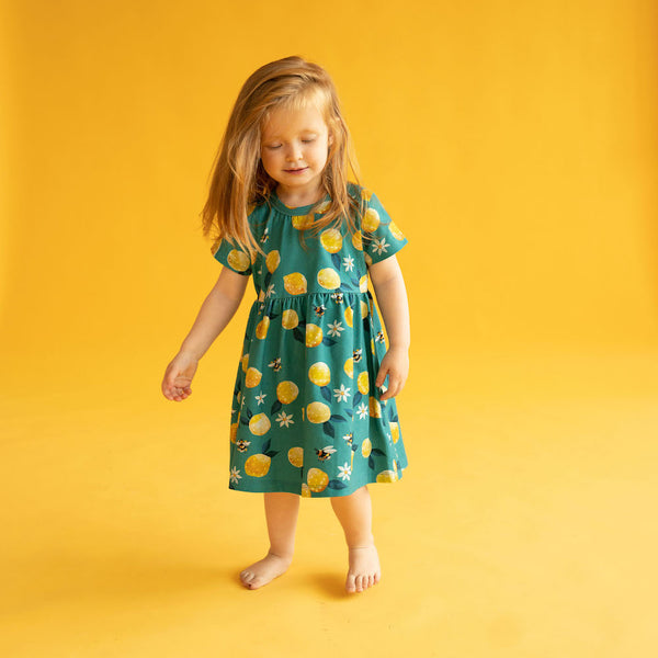 Girl wearing Curious Stories organic Short sleeve dress- busy bee