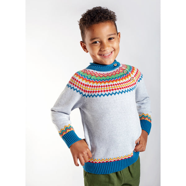Boy wearing Frugi organic Fika Fair Isle sweater- gray marl