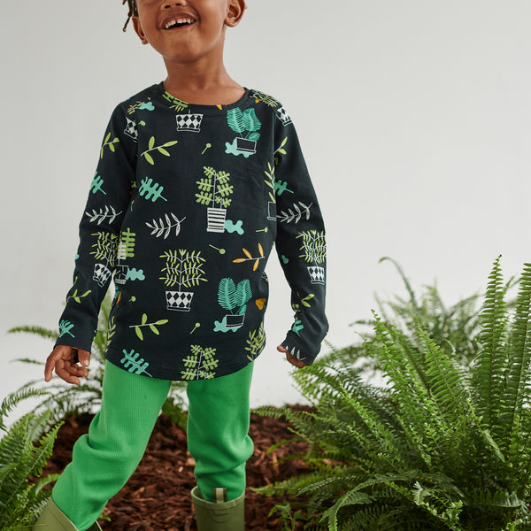 Boy wearing Raspberry Republic organic Pants- apple green