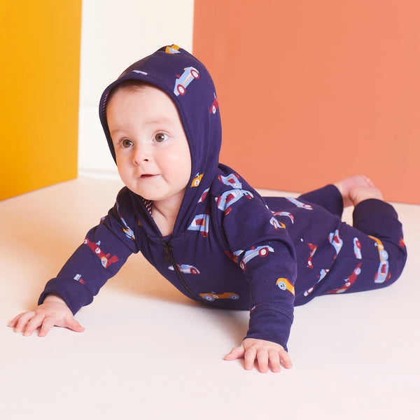 Baby wearing Lilly + Sid Cars hooded playsuit