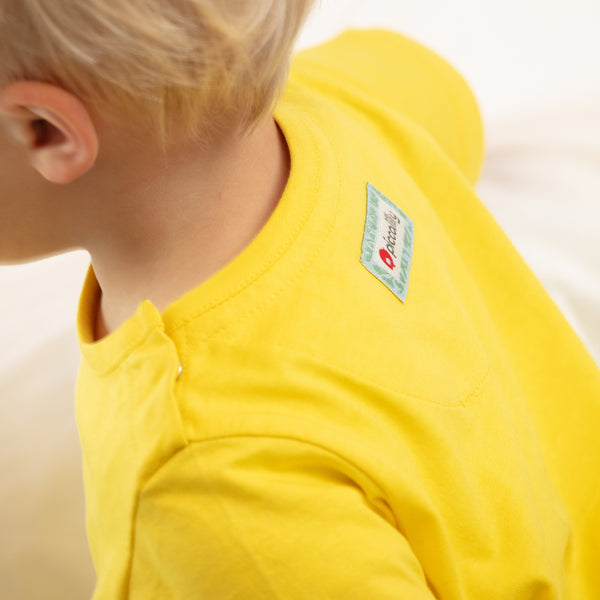 Boy wearing Piccalilly bumblebee short sleeve t-shirt
