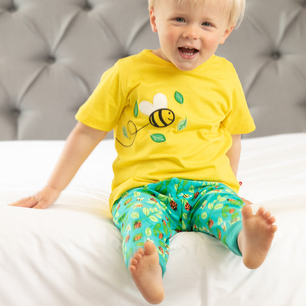 Boy wearing Piccalilly bumblebee short sleeve t-shirt