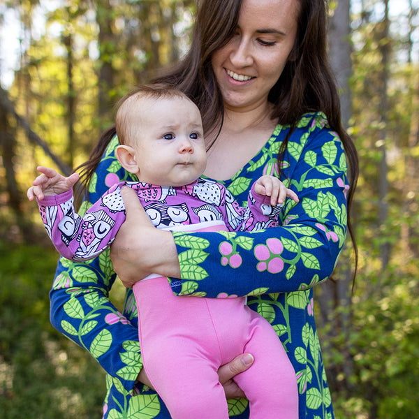 Baby wearing PaaPii long sleeve bodysuit- lilac & light pink parliament owl