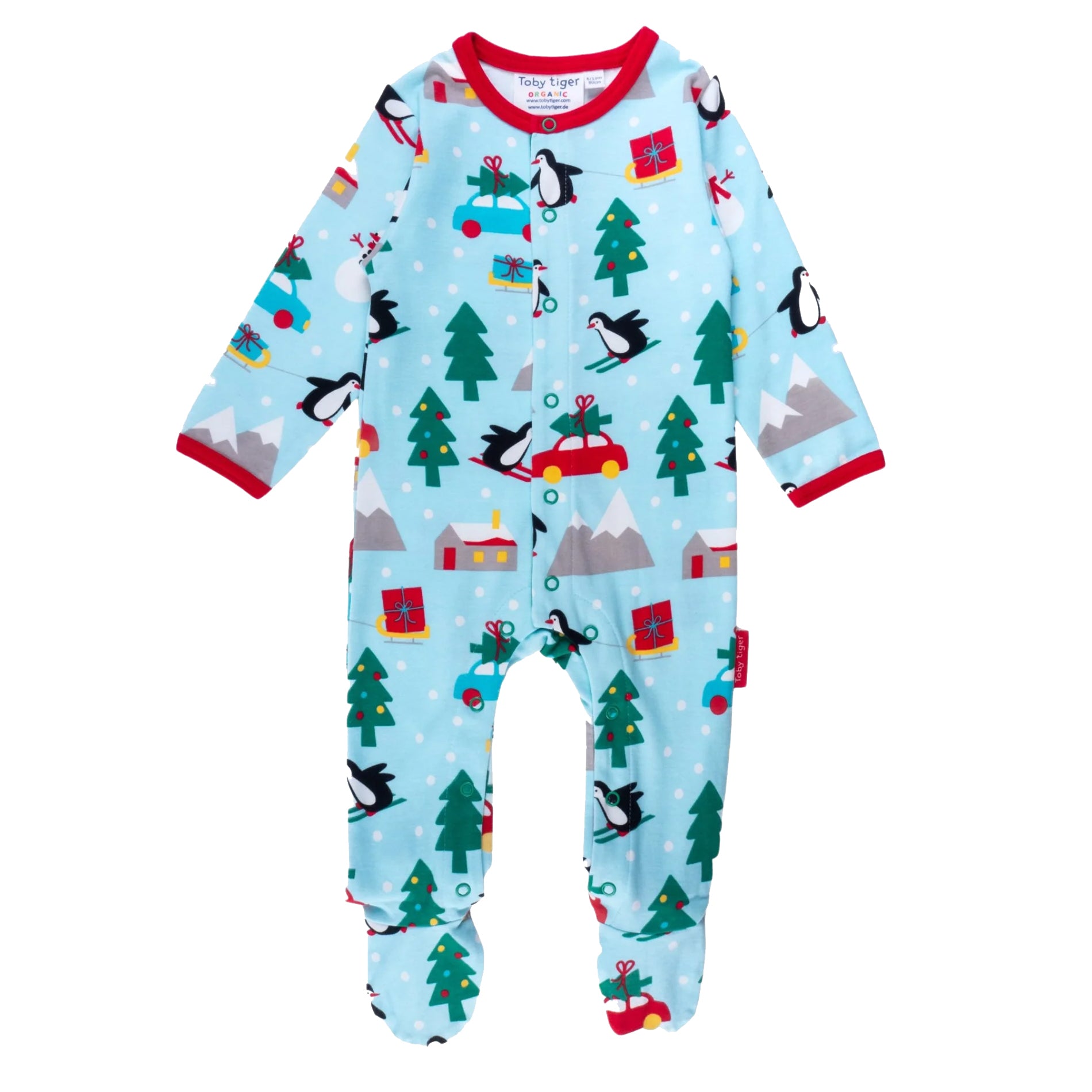 Toby Tiger Penguin's Christmas print organic footed pajamas