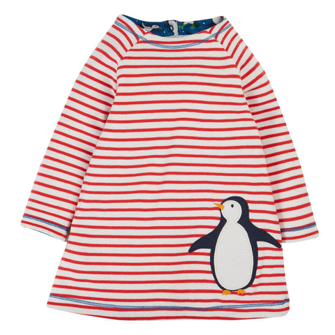 Frugi organic Posie reversible dress, blue penguin/red stripe