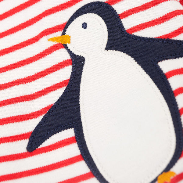 Frugi organic Posie reversible dress, blue penguin/red stripe, closeup