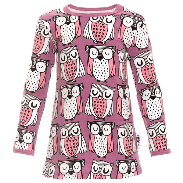 PaaPii long sleeve vieno tunic- lilacc & light pink parliament owls