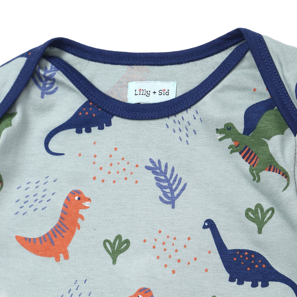 Lilly + Sid organic dinosaur print playsuit, closeup