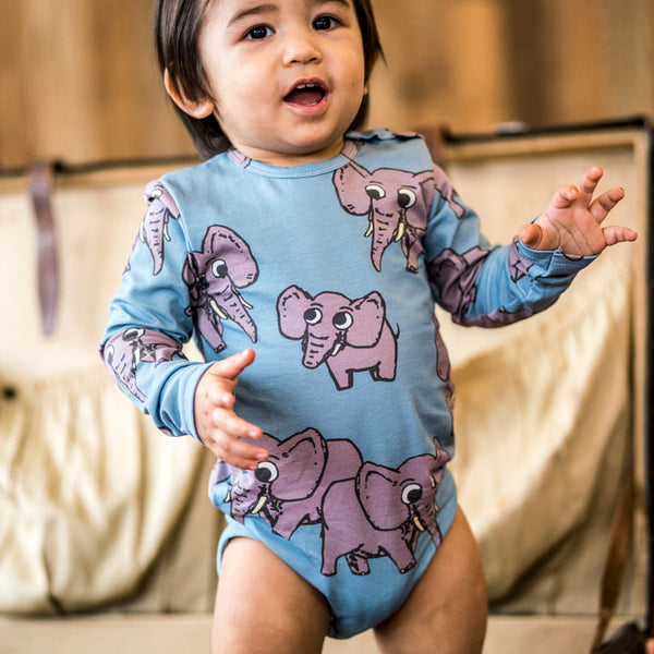 Baby wearing Mullido organic long sleeve Bodysuit- elephant