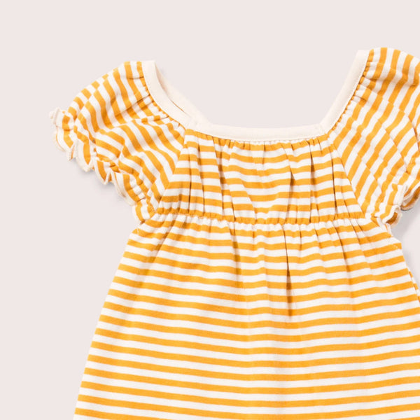 Little Green Radicals organic Gold striped frill dress, closeup