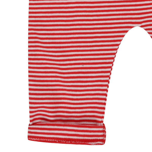 Lilly + Sid Red jersey stripe overalls, closeup