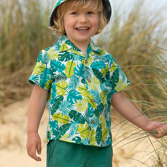 Boy wearing Kite Clothing organic Jungle print shirt