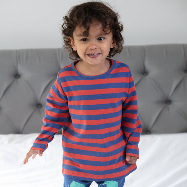 Boy wearing Piccalilly Long sleeve top- blue & red stripe