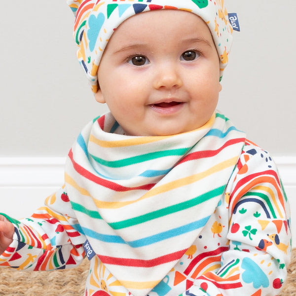 Baby wearing Kite Clothing organic Memories bib, reverse